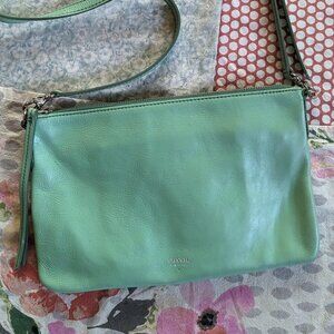 🍃FOSSIL 11" Vintage Mint Leather Crossbody Bag w/ Silver Hardware, Zip Closures